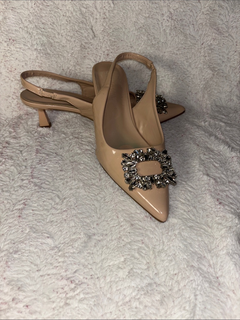 Wild Diva Nude Patent Slingback Pumps with Crystal Buckle